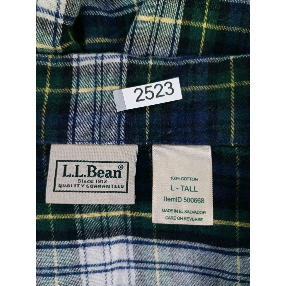 L.L.Bean Men's Large Tall Scotch Plaid Flannel Pajama Shirt Green Blue Cotton